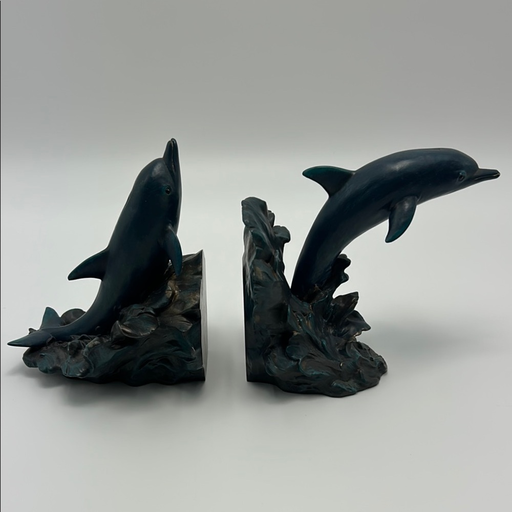 Vintage 2000s Enesco Dolphin Bookends Dark Blue Waves